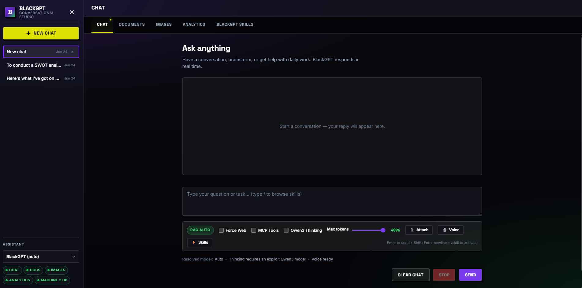 BlackGPT Conversational Studio chat interface
